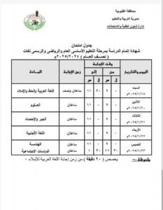 جدول امتحانات الصف الثالث الاعدادي الترم الاول محافظة الإسكندرية