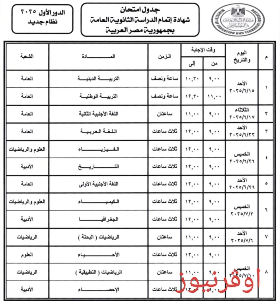 طلاب الثانوية العامة 2025 .. اعتماد جدول امتحانات الشهاده الثانويه اليوم